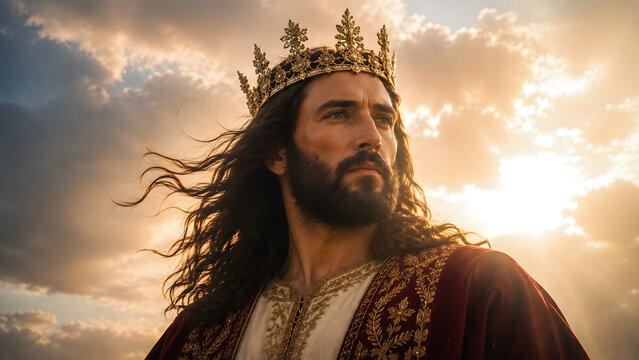 Majestic portrait of jesus christ wearing a golden crown at sunset, symbolizing his role as king of kings