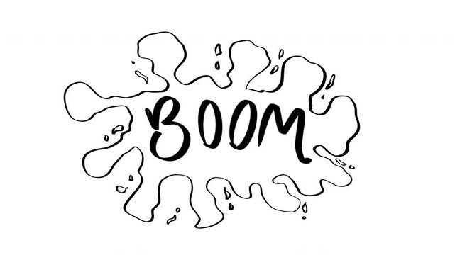 Animation BOOM text  and comic and cartoon style  with black wiggly hand drawn suitable  of  comic speech bubble. alpha channel only 4k.