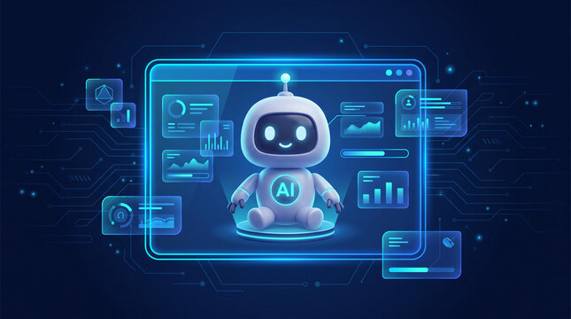 Cute ai robot character sitting inside a futuristic digital interface with glowing data charts and analytics on a dark blue background