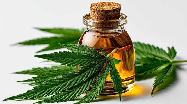 CBD Hemp Oil Bottle Among Fresh Cannabis Leaves.