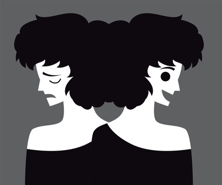 bipolar woman showing contrasting gestures of happiness and sadness