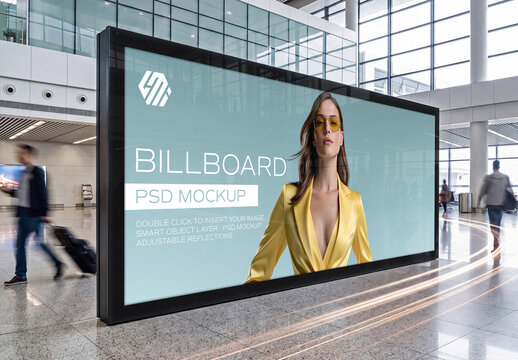 Long Horizontal Billboard in Bright Clean Airport Interior Mockup
