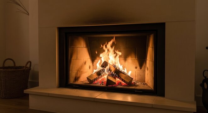 Cozy Fireplace with Burning Logs and Warm Light.