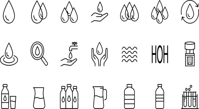 Water Conservation Icon Set with Drops Bottles Hands Waves and Reusable Containers for Environmental Awareness Design