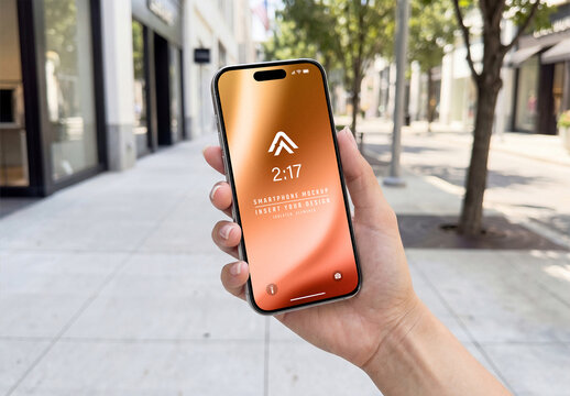 Woman&rsquo;s Hand Using Smartphone in Street Mockup