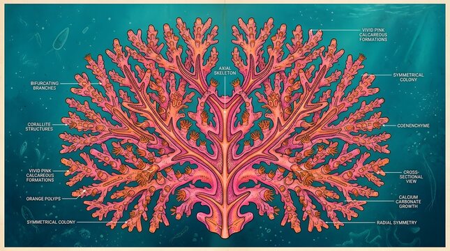 Scientific coral anatomy diagram, vintage marine biology illustration of pink coral reef structure, educational underwater ocean poster