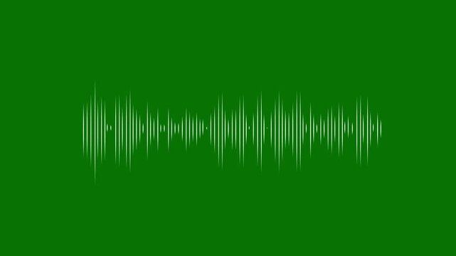 Audio waveform visualizer animation, moving white sound spectrum, digital frequency meter, music equalizer bars, podcast audio recording effect, green screen overlay, 4k loop video