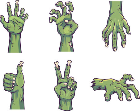 Zombie Hands Vector Set, Spooky Green Monster Hand Gestures Clipart Bundle for Halloween