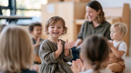 A preschool music session with a teacher playing a keyboard while children clap along seated in a semicircle, rhythm and beat recognition group activity, early childhood music