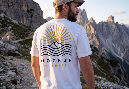 Man Wearing T-Shirt on Mountain Hiking Trail Mockup