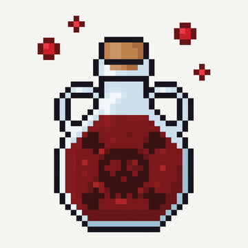 Pixel Art Red Potion Bottle with Skull Symbol for Fantasy Games