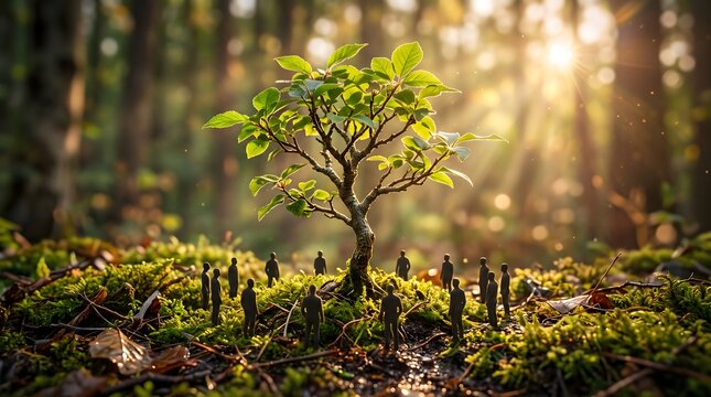 Tiny human figures standing in a circle around a small tree in a forest