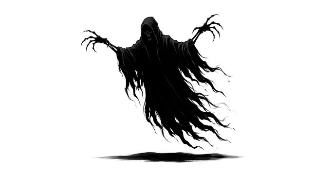 A terrifying black silhouette of a ghost with long tattered robes and reaching claws isolated on white background