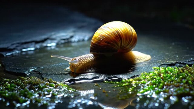 Nocturnal macro shot of a snail crawling across wet stone, illuminated by soft light in a dark, mysterious environment.