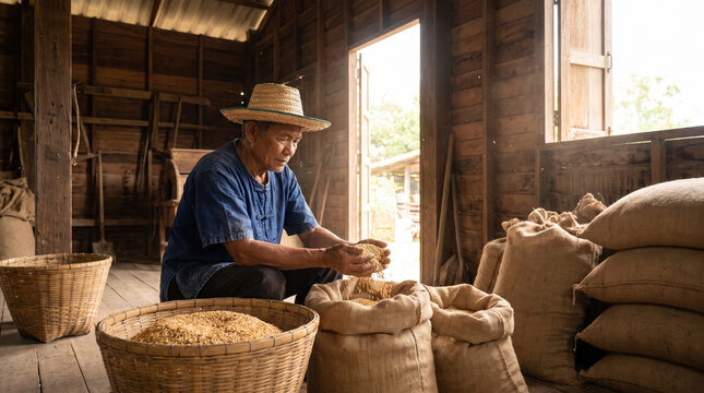 Farmer sorting harvested rice grain in rustic wooden barn with natural light and woven baskets