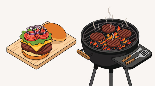 Grilled burger patties cooking on charcoal barbecue beside fresh ingredients placed on wooden cutting board