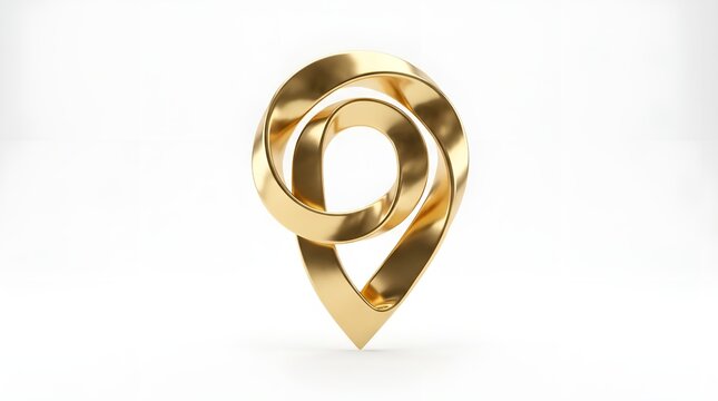 Golden map pin icon with twisted mobius loop design, metallic location pointer on white background, luxury 3D navigation symbol