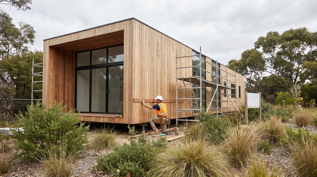 Modern wooden house exterior construction worker scaffolding natural landscape sustainable building outdoor work