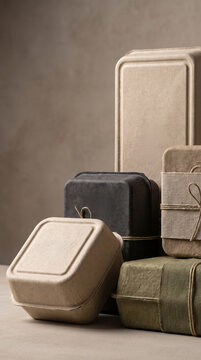 Eco friendly packaging box set with recycled materials in natural colors tied with string for sustainable use