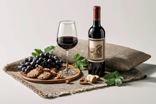 Wine and snacks on a wooden tray with grapes and cookies in a simple setup