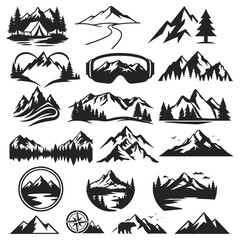 Fototapeta premium Outdoor adventure mountain landscape silhouettes and camping vector icons