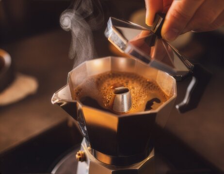 Macro shot of hand opening Moka pot lid with hot coffee and steam