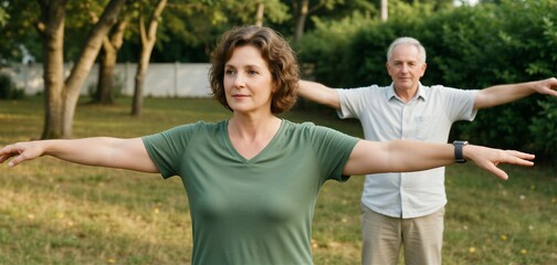 Obraz premium Two seniors practicing stretching outdoors, embodying active aging and healthy lifestyle in nature.