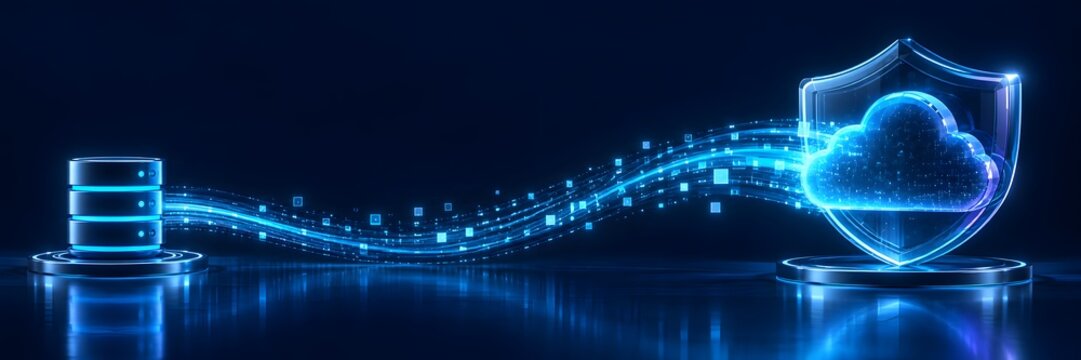 Secure cloud data migration concept illustrating a glowing database server connecting to a shielded cloud icon via a luminous digital information stream in a futuristic cyberspace setting