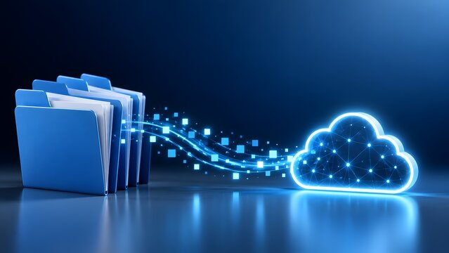 Paperless office transition showing blue document folders converting physical files into a digital data stream flowing directly into a glowing cloud storage network