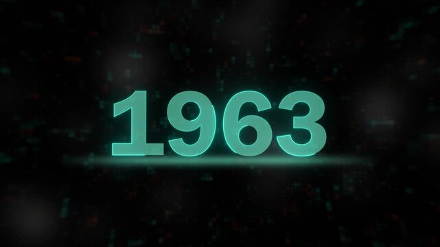 futuristic motion graphics displaying the number 1963. digital animation of the year 1963 with neon glow effect.