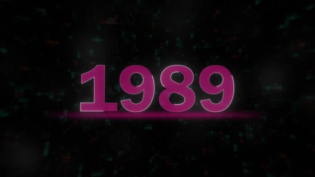 motion graphic of the year 1989 on dark digital background. glowing neon number 1989 with digital data particle effect. elegant 1989 number animation for documentary and historical media.