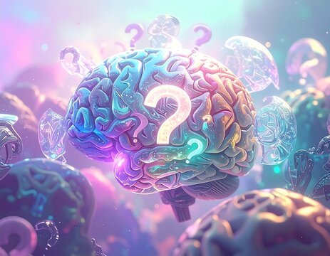 Abstract neon glowing brain with question marks representing human thought, cognition, and ideas, ideal for psychology and science concepts.