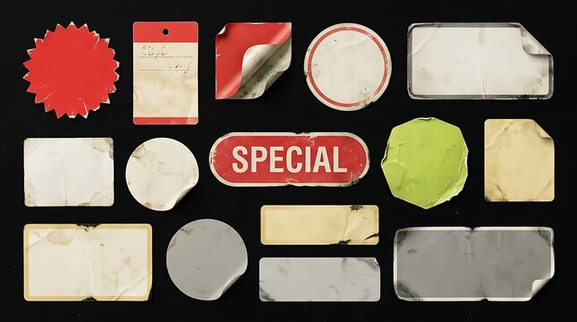 Collection of various worn and weathered adhesive labels and stickers on a solid black background with textures peeling edges shapes sizes adhesive