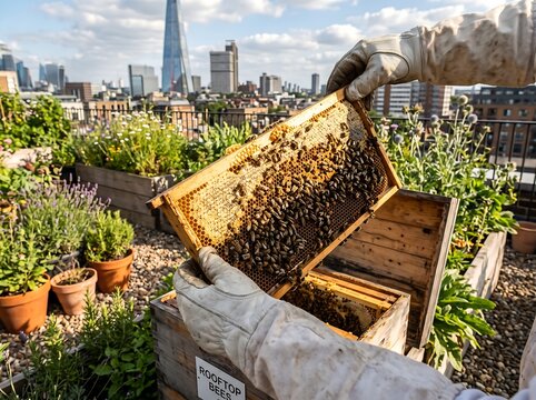 ia generated. Professional urban beekeeping on a city rooftop apiary featuring sustainable honey production and modern agriculture.

