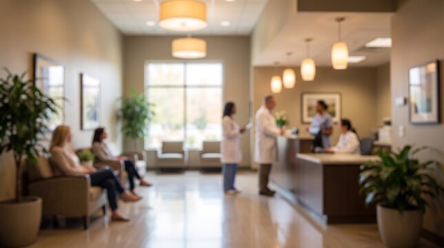 Blurred view of a modern medical clinic waiting room with patients and staff.