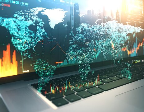 Multiple glowing holographic world maps and digital financial charts displaying on a modern laptop screen, ideal for corporate finance and global business technology presentations.