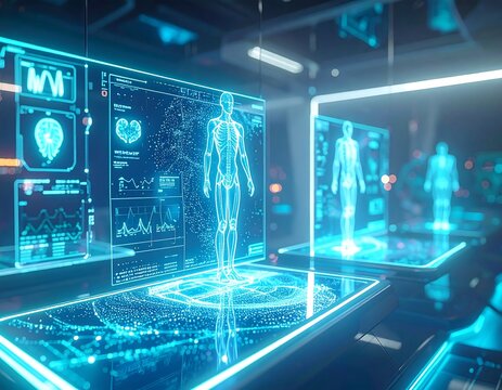 Futuristic glowing holographic medical interfaces and anatomical wireframe displays in a high-tech laboratory setting, ideal for advanced healthcare concepts.