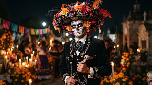 Man in traditional charro suit with sugar skull makeup and floral sombrero for Day of the Dead celebration.