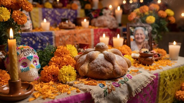 Day of the Dead Altar with Pan de Muerto Marigolds and Candles.