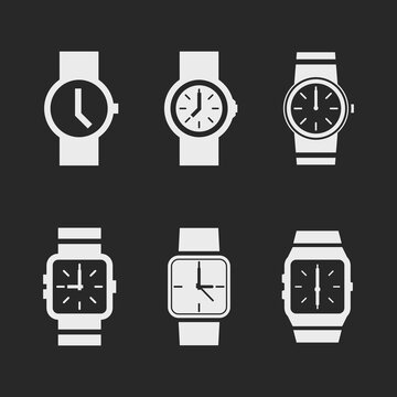Set of six minimalist wristwatch icons with round and square analog clock faces in white on dark gray background.