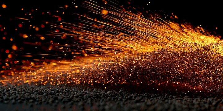 Fiery Metal Sparks Fly Across Dark Surface.