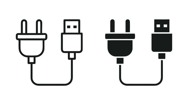 Vector illustration of set of power plug and usb cable icons on a transparent background