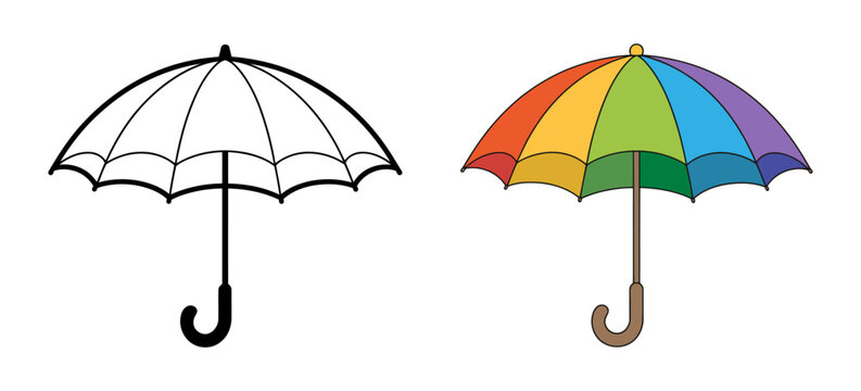 Colorful rainbow umbrella coloring page for kids with color sample vector illustration