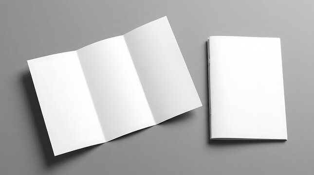 Blank white tri fold brochure and folded booklet mockup displayed on a solid neutral gray background with professional design presentation