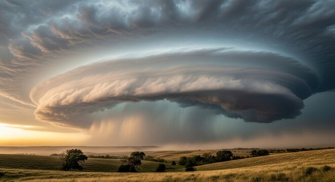 Majestic supercell thunderstorm cloud formation over rolling hills at sunset