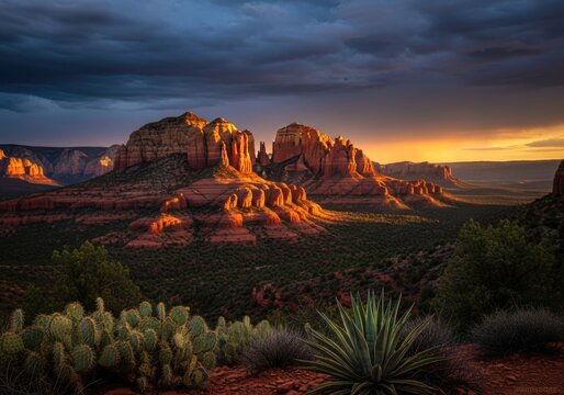 Dramatic sunset illuminates majestic red rock formations in sedona arizona landscape