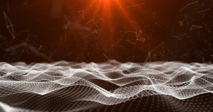 Aerial camera glides over a warm orange plexus matrix wave terrain in motion. Distant light beams reveal complex lattice connections and floating glowing particles.