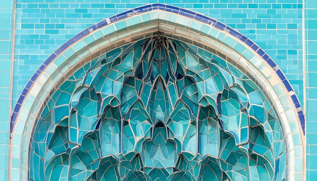Intricate Turquoise Mosaic Arch with Detailed Islamic Geometric Patterns and Elegant Ornamental Design on a Light Aqua Background
