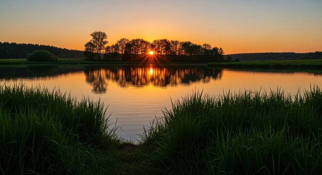 Golden sunset reflects on calm lake surrounded by lush greenery and silhouetted trees