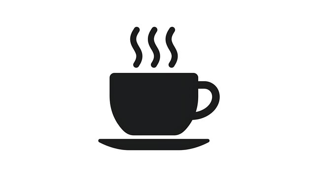 Black silhouette icon of a steaming coffee cup with a saucer on white background with minimalist black graphic coffee resting small